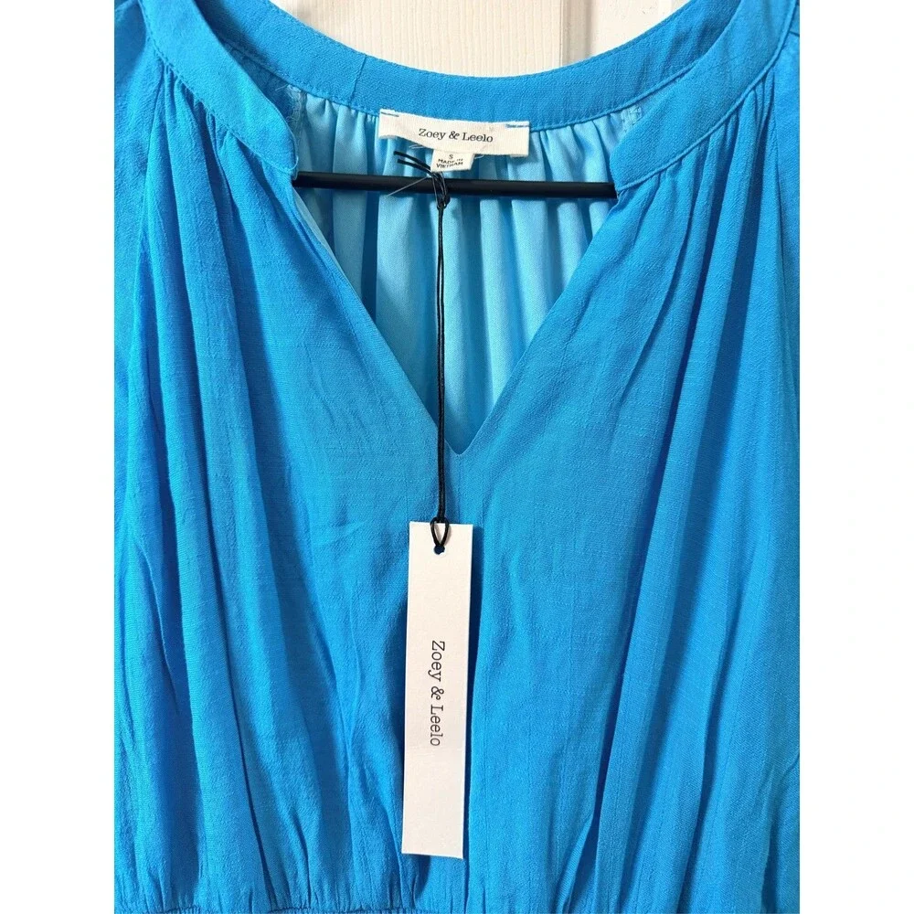 Blue Smocked Puff Sleeve V-Neck Ruffle Hem Mini Dress Womens Size Large